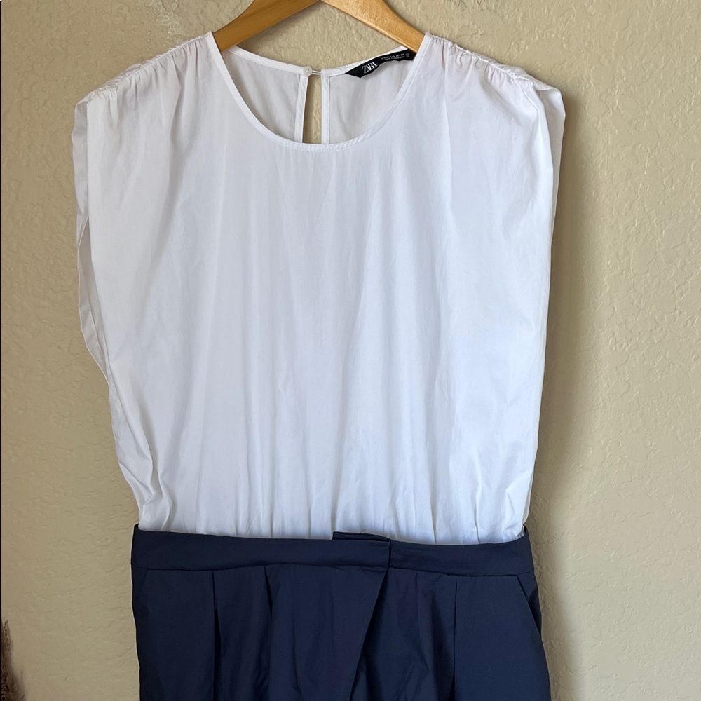Zara white and navy poplin mixed jumpsuit - Picture 3 of 9